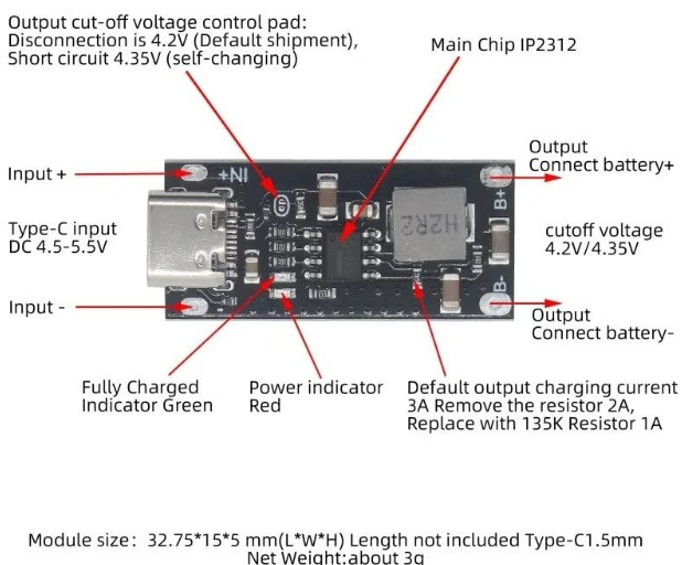 ماژول فست شارژر باتری لیتیومی تکسل (IP2312) | ورودی Type-C | خروجی ۳ آمپر